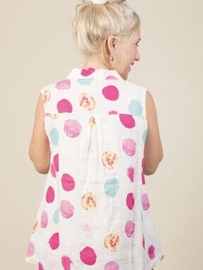100% Linen Sorella by Papa Fashions Circle Print Button Up Top XL -Made in Italy